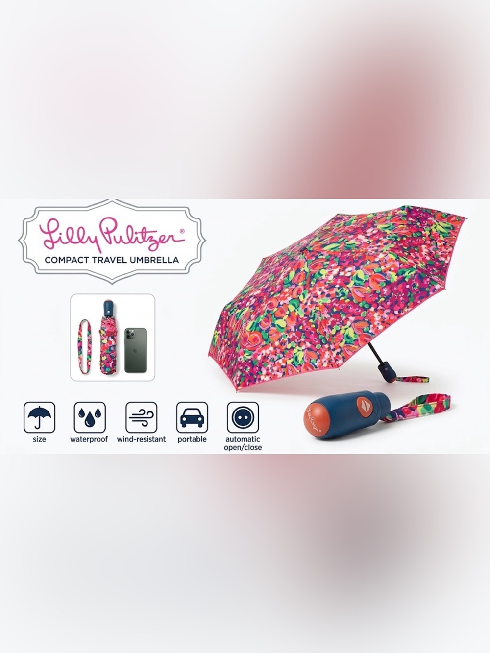 Lilly Pulitzer Floral Compact Travel Umbrella - Like New / Minor Handle Wear